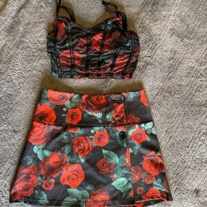 Black & Red Rose Print Corset Crop Top and Mini Skirt Set Small